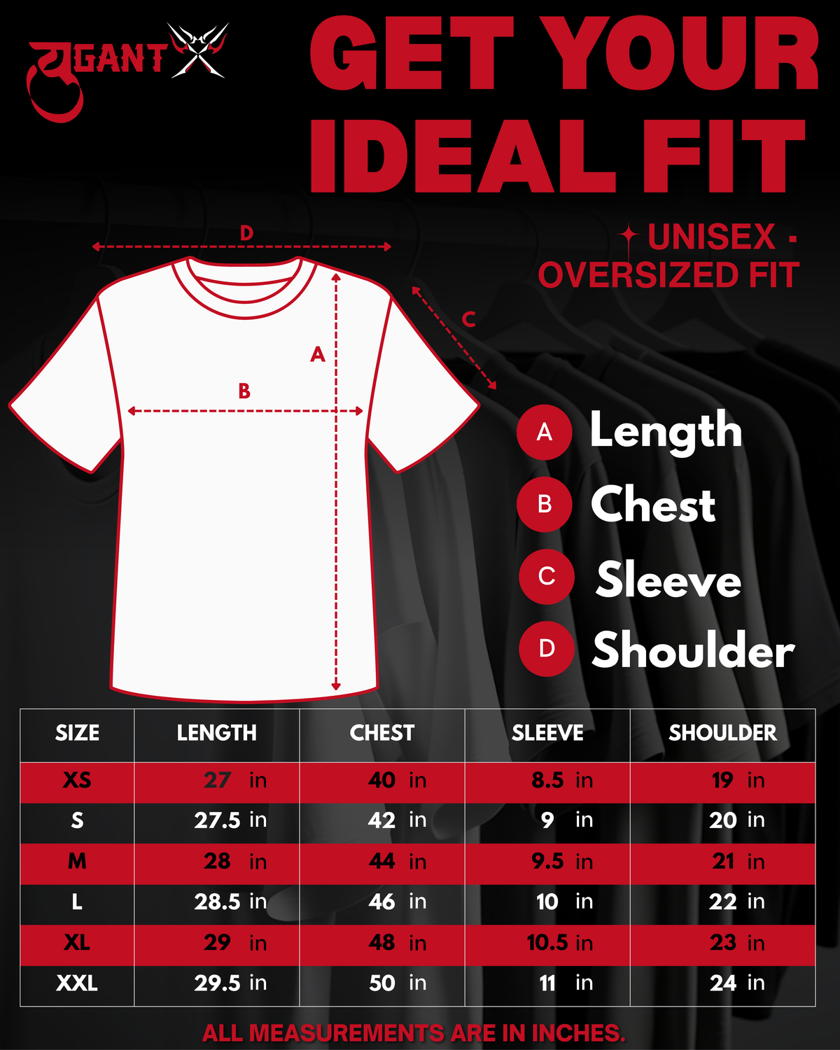 YUGANT X YugantX oversized t shirt size chart for men 240 GSM drop shoulder boxy fit chest length sleeve measurement guide